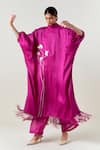 Three_Fuchsia Crepe, Satin, Poplin Applique High Purple Floral Fringe Kaftan With Pant _at_Aza_Fashions