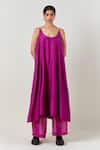 Buy_Three_Fuchsia Silk, Poplin, Organza Embroidery Scoop Wine Panelled Tunic And Pant Set _at_Aza_Fashions