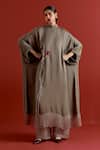 Buy_Three_Gray Crepe, Satin, Poplin, Organza Grey Floral Kaftan And Pant Co-ord Set _at_Aza_Fashions