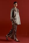 Three_Gray Satin, Lycra Applique V-neck Wide Sleeve Jacket And Pant Set _Online_at_Aza_Fashions