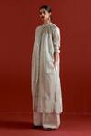 Shop_Three_Gray Tissue Embroidery Collared Grey Gathered Neck Shirt And Pant Set _Online_at_Aza_Fashions