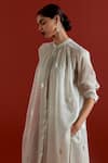 Three_Gray Tissue Embroidery Collared Grey Gathered Neck Shirt And Pant Set _Online