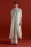 Buy_Three_Gray Tissue Embroidery Collared Grey Gathered Neck Shirt And Pant Set _at_Aza_Fashions