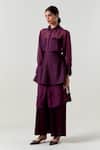 Three_Wine Organza, Satin, Lycra Beads Collared Sheer Shirt And Pant Set _Online_at_Aza_Fashions