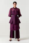 Shop_Three_Wine Organza, Satin, Lycra Beads Collared Sheer Shirt And Pant Set _at_Aza_Fashions