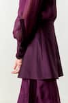 Buy_Three_Wine Organza, Satin, Lycra Beads Collared Sheer Shirt And Pant Set 