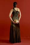 Three_Olive Green Satin, Lycra, Georgette One Shoulder Dress _Online_at_Aza_Fashions