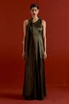 Shop_Three_Olive Green Satin, Lycra, Georgette One Shoulder Dress _Online_at_Aza_Fashions