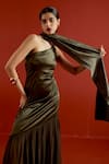 Three_Olive Green Satin, Lycra, Georgette One Shoulder Dress _at_Aza_Fashions