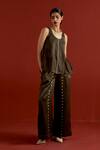 Three_Olive Green Chanderi, Organza, Satin Gota Patti Side U-gather Top And Pant Set _at_Aza_Fashions
