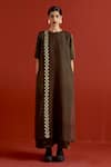 Three_Olive Green Organza, Satin Gota Patti Round Neck Panelled Dress _at_Aza_Fashions