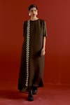 Buy_Three_Olive Green Organza, Satin Gota Patti Round Neck Panelled Dress _at_Aza_Fashions
