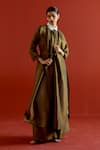 Buy_Three_Olive Green Tissue, Silk Collared Gather Neck Shirt Tunic And Pant Set _at_Aza_Fashions