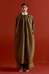 Buy_Three_Olive Green Tissue, Silk Collared Gather Neck Shirt Tunic And Pant Set 