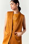 Buy_Three_Yellow Crepe, Satin, Organza, Poplin Applique Collared, Dress With Waistcoat _Online_at_Aza_Fashions