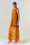 Three_Yellow Crepe, Satin, Organza, Poplin Applique Collared, Dress With Waistcoat _at_Aza_Fashions