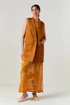 Buy_Three_Yellow Crepe, Satin, Organza, Poplin Applique Collared, Dress With Waistcoat _at_Aza_Fashions