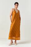 Buy_Three_Yellow Silk, Organza Embroidery V-neck Embellised Sleeveless Dress _at_Aza_Fashions