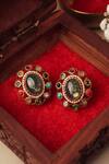 Shop_Curio Cottage_Gold Plated Gemstones Navratna Jade Stud Earrings _at_Aza_Fashions