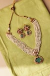 Shop_Curio Cottage_White Pearls, Gemstones, Gilded Jade Choker Set _at_Aza_Fashions