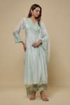 Buy_Asaga_Mint Chanderi, Muslin, Organza Embroidery, Mirrors V-neck Anarkali Pant Set _at_Aza_Fashions