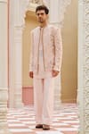 Buy_Contrast By Parth_Pink Silk Embroidery Pastel Bandhgala Jacket Set _at_Aza_Fashions