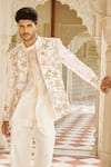 Buy_Contrast By Parth_Ivory Silk Embroidery Bandhgala Jacket Set _Online_at_Aza_Fashions