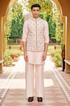 Buy_Contrast By Parth_Pink Silk Embroidery Bundi Kurta Set _at_Aza_Fashions