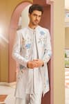 Contrast By Parth_White Silk Embroidery Sherwani Set _Online_at_Aza_Fashions