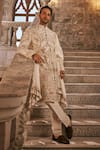 Jigar & Nikita_Ivory Vegan Silk, Chanderi Silk, Linen, Satin The Kingdom Work Sherwani Set _Online_at_Aza_Fashions