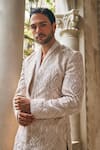 Jigar & Nikita_Ivory Silk, Chanderi Silk, Linen, Satin Embroidery Wispers Of Wat Sherwani Set _at_Aza_Fashions