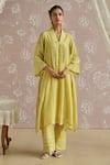 Buy_Kritika Dawar_Yellow Chanderi, Cotton Lace, Embroidery V-neck Fiza Ivory Choga Kurta Set _at_Aza_Fashions