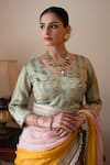Buy_Shorshe Clothing_Green Zari V-neck Nursat Stripe Pattern Blouse _at_Aza_Fashions