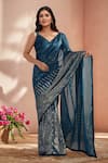 Buy_Samyukta Singhania_Blue Georgette Sequins Embroidered Saree With Unstitched Blouse Piece _at_Aza_Fashions