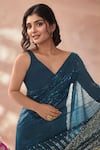 Buy_Samyukta Singhania_Blue Georgette Sequins Embroidered Saree With Unstitched Blouse Piece _Online_at_Aza_Fashions