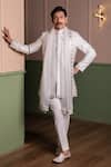 Buy_Kaaj Button_White Silk, Cotton Satin, Organza Applique, Embroidery, Leather Sherwani Set _at_Aza_Fashions