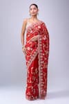 Buy_Azeera_Red Embroidery, Metallic Thread Floral Saree With Unstitched Blouse Piece _at_Aza_Fashions