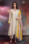 Buy_Kacha Tanka_Ivory Chanderi Embroidery Notched Neck Ikra Kurta Set _at_Aza_Fashions