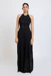 Dev And Viv_Black Lycra Embroidery Halter Neck Tonal Jumpsuit _Online_at_Aza_Fashions