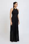Shop_Dev And Viv_Black Lycra Embroidery Halter Neck Tonal Jumpsuit _Online_at_Aza_Fashions