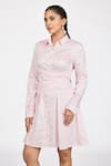 Dev And Viv_Pink Cotton Embroidery Collared Draped Short Dress _Online_at_Aza_Fashions