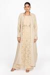 Buy_Dev And Viv_Beige Lycra Round Neck Plain Long Jacket _at_Aza_Fashions