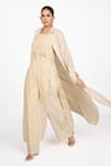 Dev And Viv_Beige Lycra Round Neck Plain Long Jacket _Online_at_Aza_Fashions