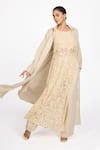 Dev And Viv_Beige Lycra Round Neck Plain Long Jacket _at_Aza_Fashions