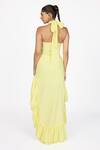 Shop_Dev And Viv_Yellow Cotton Embroidery Halter Neck Asymmetric Dress _at_Aza_Fashions