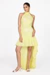 Buy_Dev And Viv_Yellow Cotton Embroidery Halter Neck Asymmetric Dress _Online_at_Aza_Fashions