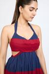 Buy_Dev And Viv_Blue Cotton Halter Neck Color Block Pattern Dress _Online_at_Aza_Fashions