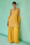 Chamee And Palak_Yellow Georgette, Net Embroidery, Beads Halter Neck Fiza Kurta And Sharara Set _Online_at_Aza_Fashions