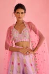 Chamee And Palak_Pink Dupion, Silk Embroidery Split V-neck Ghazal Tulle Cape And Pant Set _Online_at_Aza_Fashions
