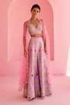 Buy_Chamee And Palak_Pink Dupion, Silk Embroidery Split V-neck Ghazal Tulle Cape And Pant Set _at_Aza_Fashions